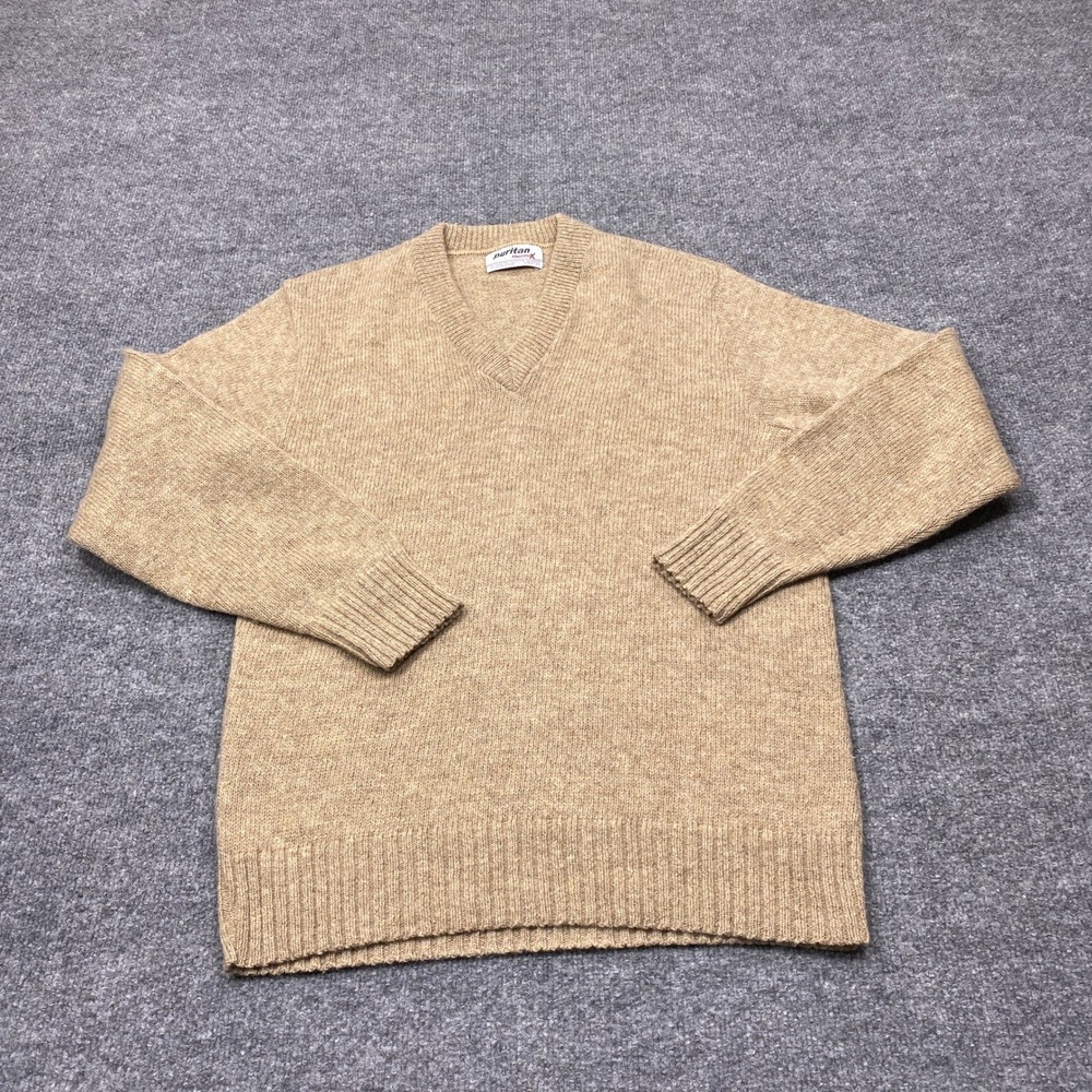 Vintage Puritan Sweater Mens Large Tan Wool Blend V-Neck Pullover ThermaX USA